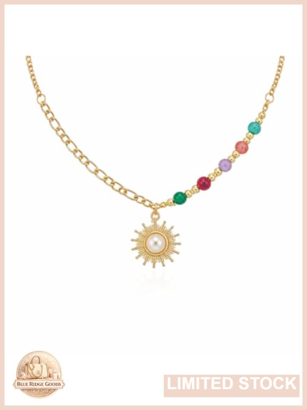 Beaded Sun Pendant Necklace Gold Tone Chain Statement Boho Jewelry